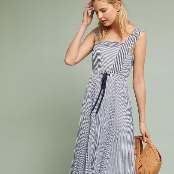 Maeve Anthropologie Darcy Bib Front Striped Elastic Tie Waist Maxi Dress - Picture 1 of 6